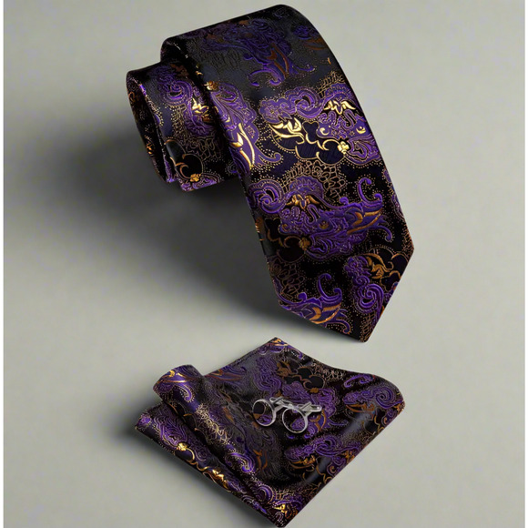 Men’s Silk Coordinated Tie Set - Purple & Gold Paisley - Picture 8 of 8